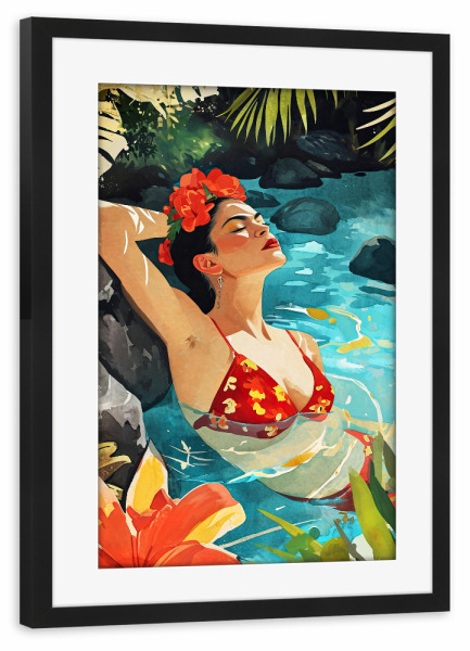 Poster mit Rahmen schwarz "Frida nimmt ein Bad" artboxONE - Menschen - Frida,Frida kahlo,Bad,Malerei,Schwimmbad