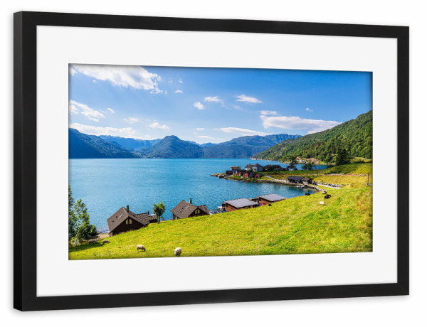 Poster mit Rahmen schwarz "Åkrafjord mit Schafe" artboxONE - Natur,Reise,Reise / Strand und Meer,Reise / Länder