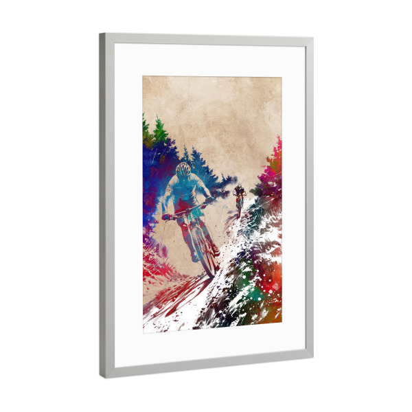 Poster mit Rahmen Silber "Mountainbiker-Sportkunst B" artboxONE - Sport,Sport / Sommerspiele - Fahrrad,Radfahren,Fahrrad,Biker,Radfahrer,Grafik