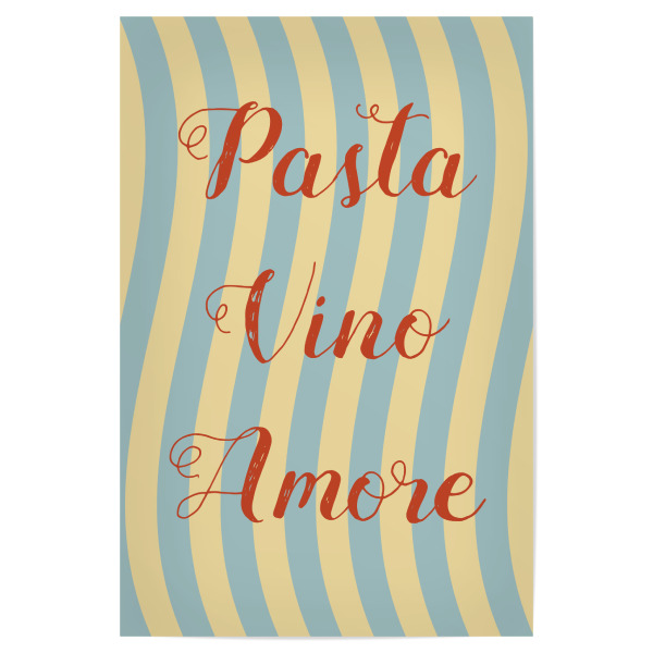 Poster 30x20 cm "Pasta Vino Amore" artboxONE - Typografie,Reise - Italien,Pasta,Nudeln,Küche,Wein,Liebe,Gelb,Türkis,Rot,Urlaub,Mediterran