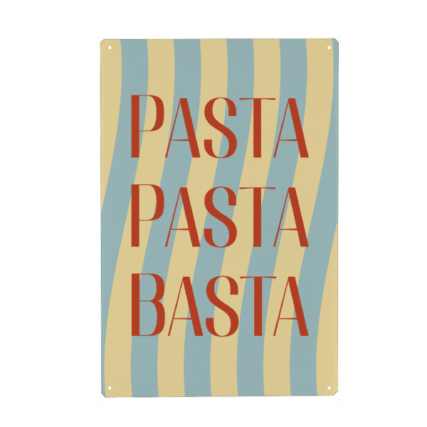 Holzbild "Pasta Pasta Basta" artboxONE - Typografie,Reise - Nudeln,Küche,Pasta,Italien,Italienisch,Verspielt,Modern,Türkis,Gelb,Rot