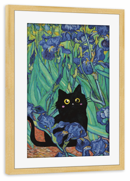 Poster mit Rahmen kiefer "Cat In Irises" artboxONE - Natur,Floral,Tiere - Katze,Malerei,Gemälde,Kunst,Monet,Tier,Collage