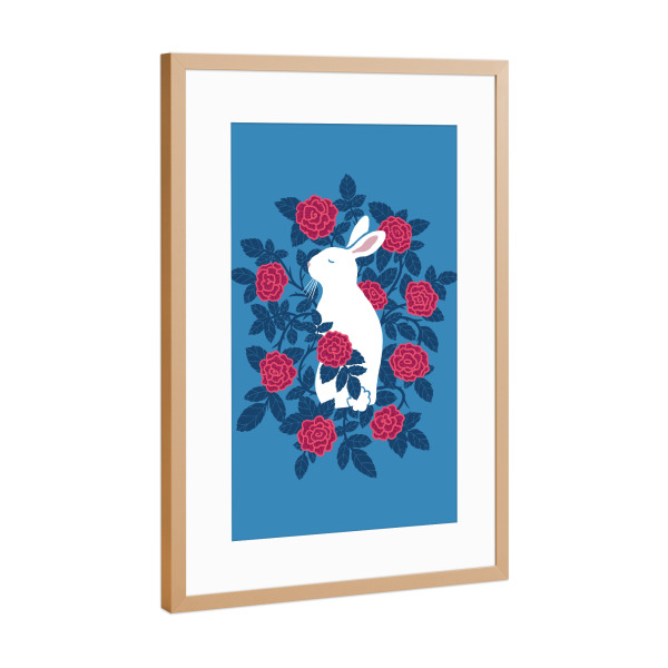 Poster mit Rahmen Kupfer "Weißes Kaninchen in den Rosen" artboxONE - Floral,Tiere