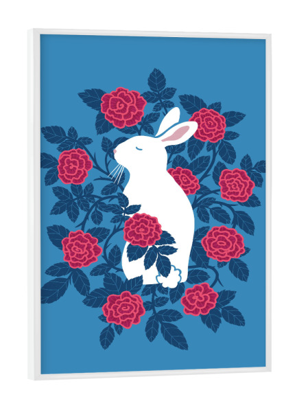 Poster mit weißem Rahmen "Weißes Kaninchen in den Rosen" artboxONE - Floral,Tiere