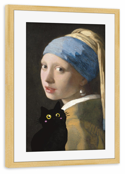Poster mit Rahmen kiefer "Girl With Pearl Earring And Cat" artboxONE - Tiere,Menschen