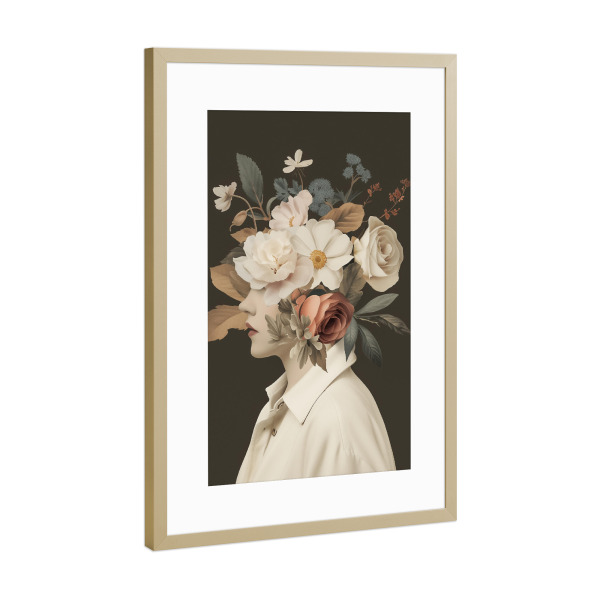 Poster mit Rahmen Gold "Portrait Frauen Blumenkopf" artboxONE - Floral,Menschen,Fashion