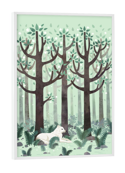 Poster mit weißem Rahmen "Weißer Wolf im Wald" artboxONE - Natur,Tiere