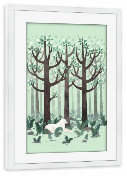 Poster mit Rahmen weiß "Weißer Wolf im Wald" artboxONE - Natur,Tiere