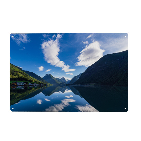Holzbild "Wolken und Spiegelung am Fjord" artboxONE - Natur,Reise,Reise / Strand und Meer,Reise / Länder