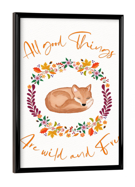 Poster mit schwarzem Rahmen "Wild and Free with Fox" artboxONE - Typografie,Für Kinder,Tiere