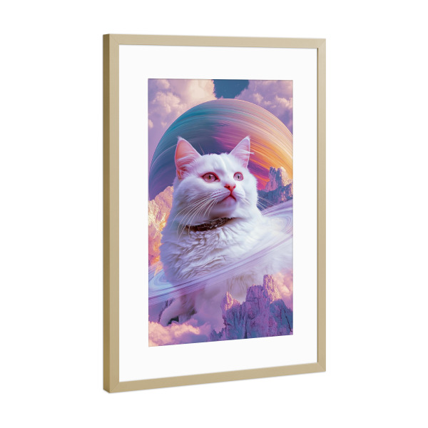 Poster mit Rahmen Gold "Saturn Cat" artboxONE - Tiere,Fiktion - Saturn cat,Black cat,Planets,Galaxy,Surrealism,Surreal,Saturn