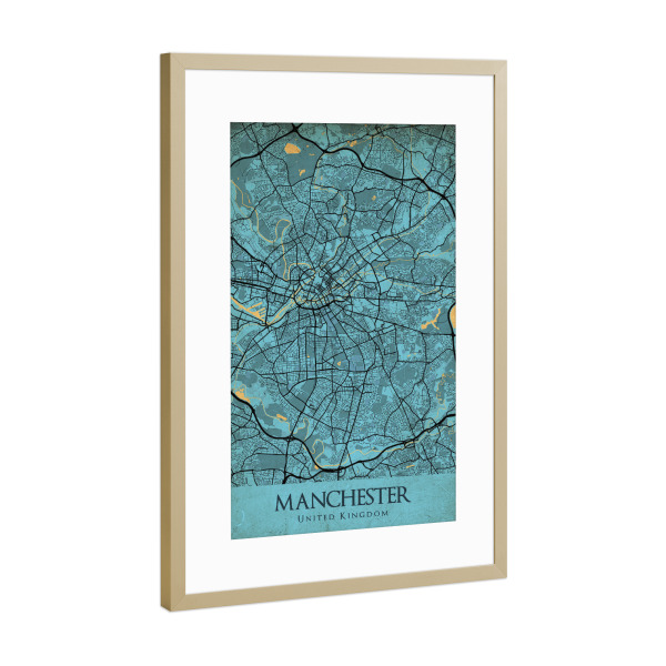 Poster mit Rahmen Gold "Vintage City Manchester" artboxONE - Städte / Weitere,Kartografie