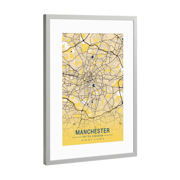 Poster mit Rahmen Silber "Stadt Manchester Map" artboxONE - Städte / Weitere,Kartografie
