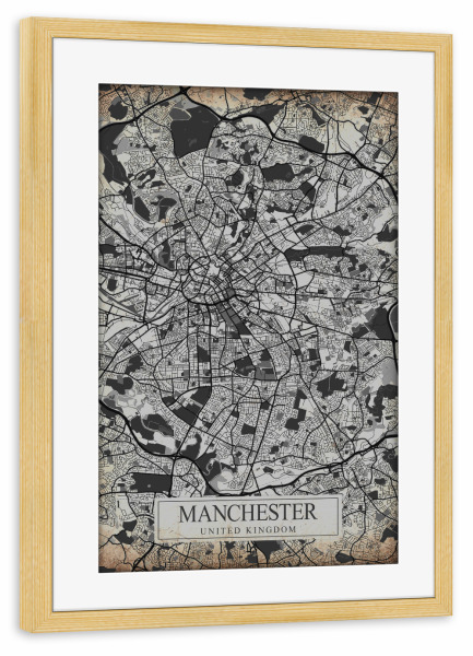Poster mit Rahmen kiefer "Retro City Manchester" artboxONE - Schwarzweiß,Städte / Weitere,Kartografie
