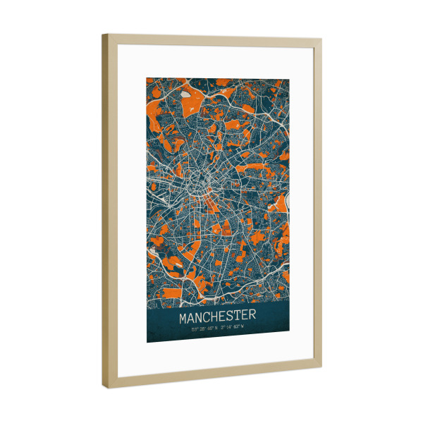 Poster mit Rahmen Gold "Manchester Vintage Map" artboxONE - Städte / Weitere,Kartografie