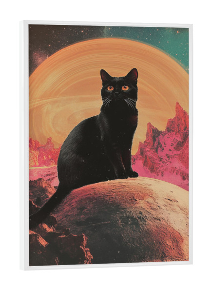 Poster mit weißem Rahmen "Cat On The Moon" artboxONE - Tiere - Black cat,Planets,Galaxy,Surrealism,Surreal,Saturn,Cat on the moon