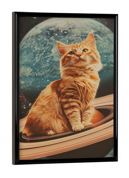 Poster mit schwarzem Rahmen "Cat On Saturn" artboxONE - Tiere,Galaxy - Black cat,Planets,Galaxy,Surrealism,Surreal,Saturn,Cat on saturn