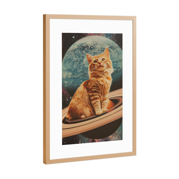 Poster mit Rahmen Kupfer "Cat On Saturn" artboxONE - Tiere,Galaxy - Black cat,Planets,Galaxy,Surrealism,Surreal,Saturn,Cat on saturn
