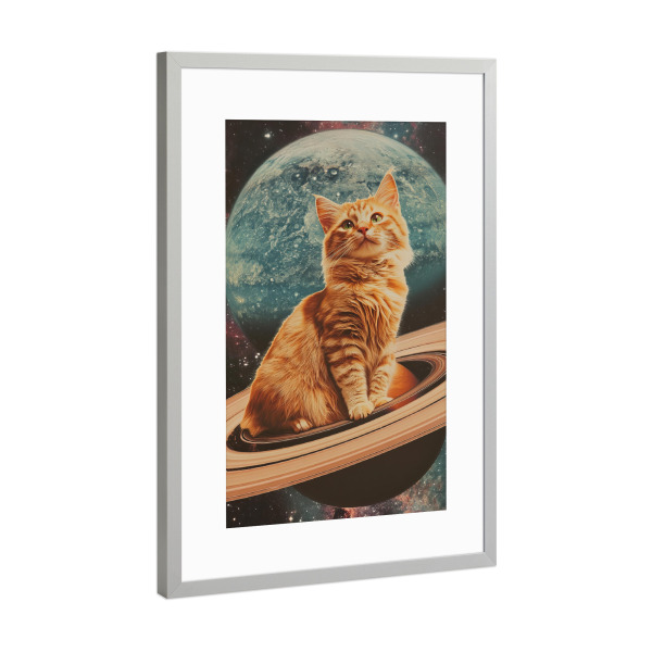 Poster mit Rahmen Silber "Cat On Saturn" artboxONE - Tiere,Galaxy - Black cat,Planets,Galaxy,Surrealism,Surreal,Saturn,Cat on saturn