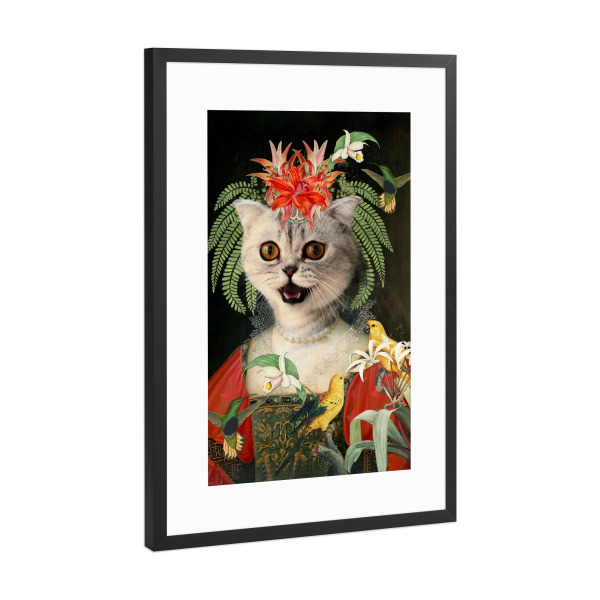Poster mit Rahmen Schwarz (Metallic) "Katze mit Vogelfreunden" artboxONE - Natur,Floral,Tiere,Lustig