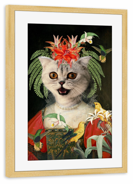 Poster mit Rahmen kiefer "Katze mit Vogelfreunden" artboxONE - Natur,Floral,Tiere,Lustig