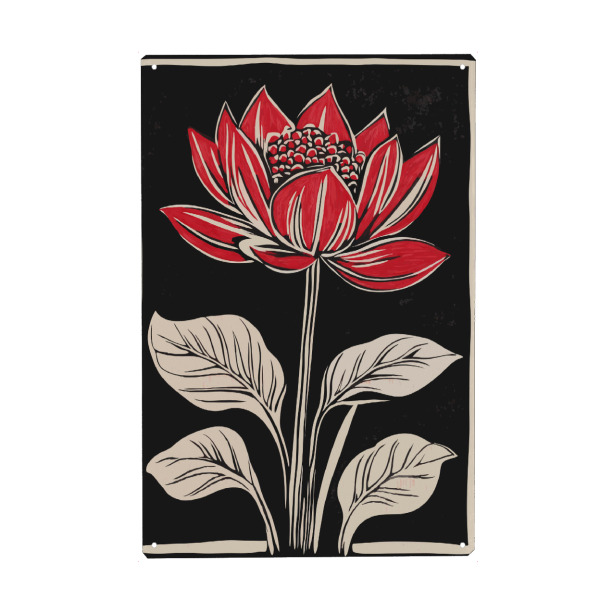 Metall Poster "Lotus woodcut" artboxONE - Floral - Lotus woodcut,Floral,Flowers,Floral decoration,Floral art,Red flowers - Blechschild