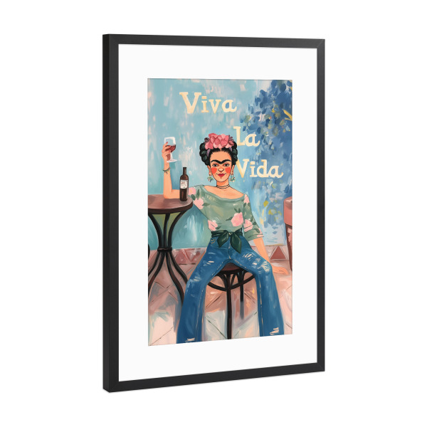 Poster mit Rahmen Schwarz (Metallic) "Viva Frida Kahlo" artboxONE - Typografie,Floral,Menschen