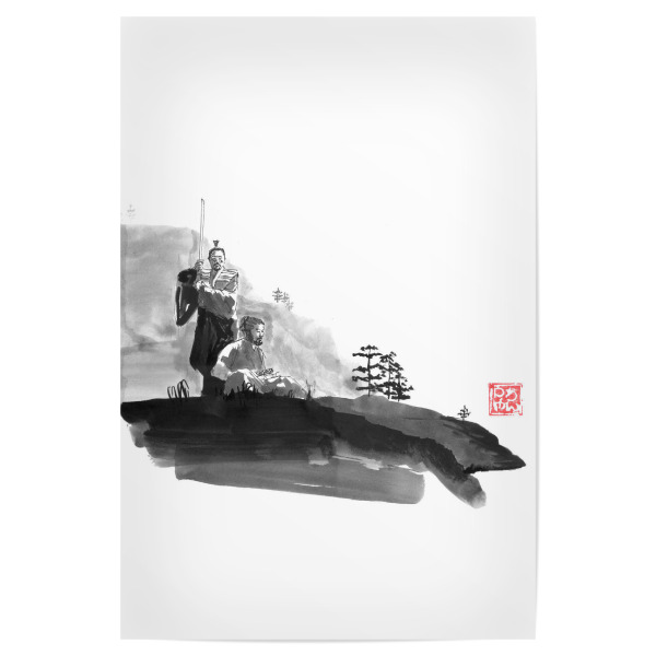 Poster 30x20 cm "Kaishakunin" artboxONE - Schwarzweiß,Reise / Asien - Samurai,Sumie,Japan,Berg,Klippe