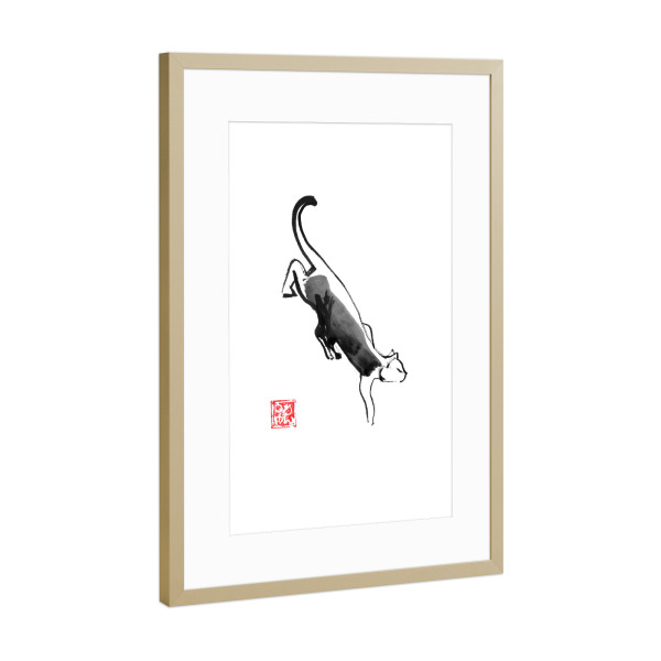 Poster mit Rahmen Gold "Schleichende Katze" artboxONE - Tiere,Schwarzweiß - Katze,Sumie,Japan,Schwarzweiß,Tier