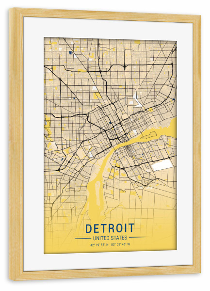 Poster mit Rahmen kiefer "Stadt Detroit Map" artboxONE - Städte / Weitere,Kartografie