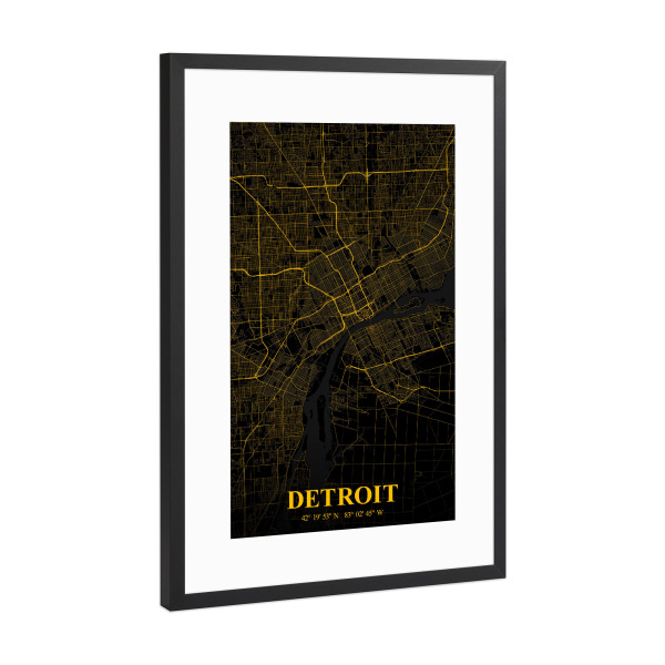 Poster mit Rahmen Schwarz (Metallic) "Detroit Stadtplan" artboxONE - Städte / Weitere,Kartografie