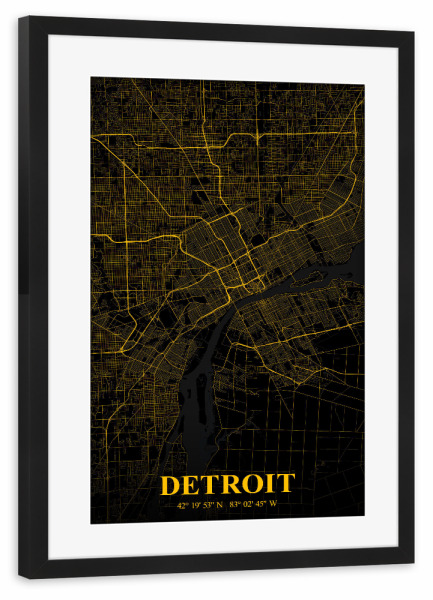 Poster mit Rahmen schwarz "Detroit Stadtplan" artboxONE - Städte / Weitere,Kartografie