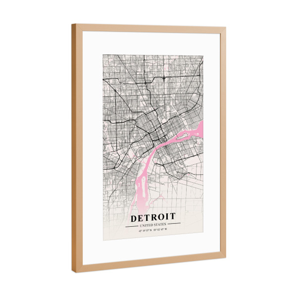 Poster mit Rahmen Kupfer "Stadt Detroit" artboxONE - Städte / Weitere,Kartografie