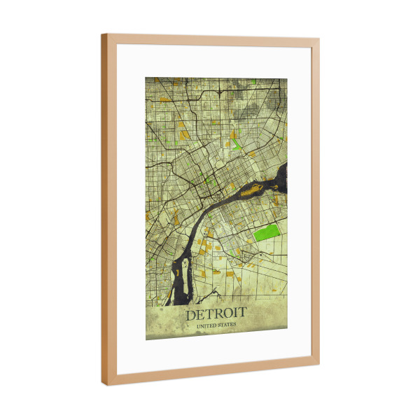 Poster mit Rahmen Kupfer "Detroit Vintage City Map" artboxONE - Städte / Weitere,Kartografie