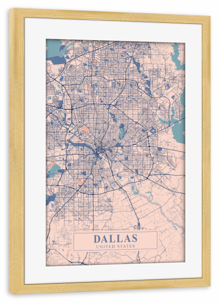 Poster mit Rahmen kiefer "Dallas Stadt Map" artboxONE - Städte / Weitere,Kartografie