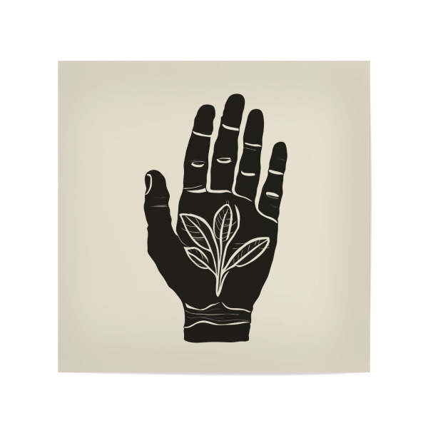Poster 20x20 cm "Hand With Leaf" artboxONE - Schwarzweiß - Hand,Plant,Leaves,Silhouette,Black,Beige,Human,Natural,Minimalist,Palm