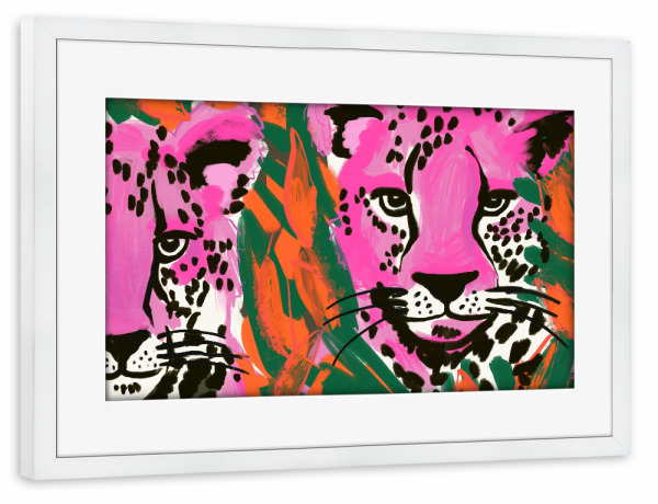 Poster mit Rahmen weiß "Pink Leo" artboxONE - Tiere,Abstrakt,Für Mama - Leopard,Tiere,Wildlife,Grün,Pink,Panther,Illustration,Abstrakt,Treechild