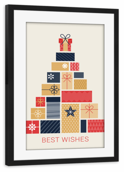 Poster mit Rahmen schwarz "Best wishes - Geschenketurm" artboxONE - Typografie,Weihnachten - Weihnachten,Illustration,Bunt,Geschenke