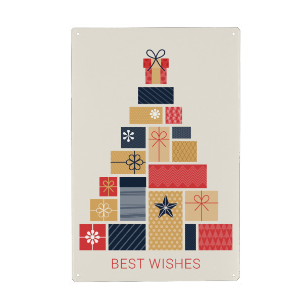 Metall Poster "Best wishes - Geschenketurm" artboxONE - Typografie,Weihnachten - Weihnachten,Illustration,Bunt,Geschenke - Blechschild