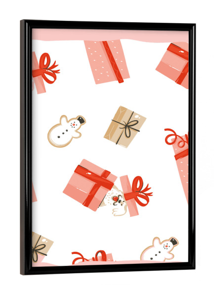 Poster mit schwarzem Rahmen "Christmas Essentials" artboxONE - Tiere,Weihnachten - Weihnachten,Bunt,Schneemann,Geschenke,Hund