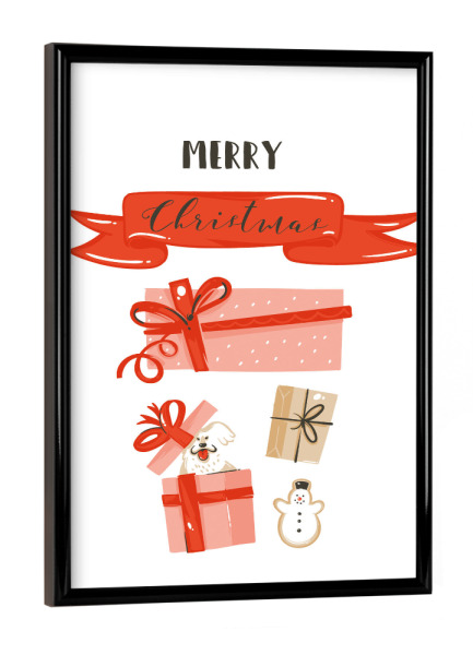 Poster mit schwarzem Rahmen "Christmas presents" artboxONE - Tiere,Weihnachten - Weihnachten,Bunt,Geschenke,Hund,Schneemann