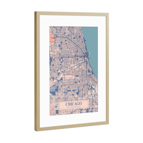 Poster mit Rahmen Gold "Chicago Stadt Map" artboxONE - Städte / Chicago,Kartografie