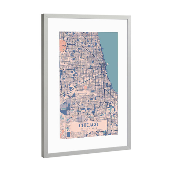 Poster mit Rahmen Silber "Chicago Stadt Map" artboxONE - Städte / Chicago,Kartografie