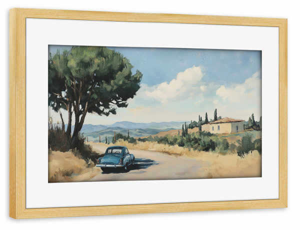 Poster mit Rahmen kiefer "Oldtimer-Landstraße" artboxONE - Natur,Reise,Automobile - Landstraßenmalerei,Natur,Auto,Malerei,Straße,öl