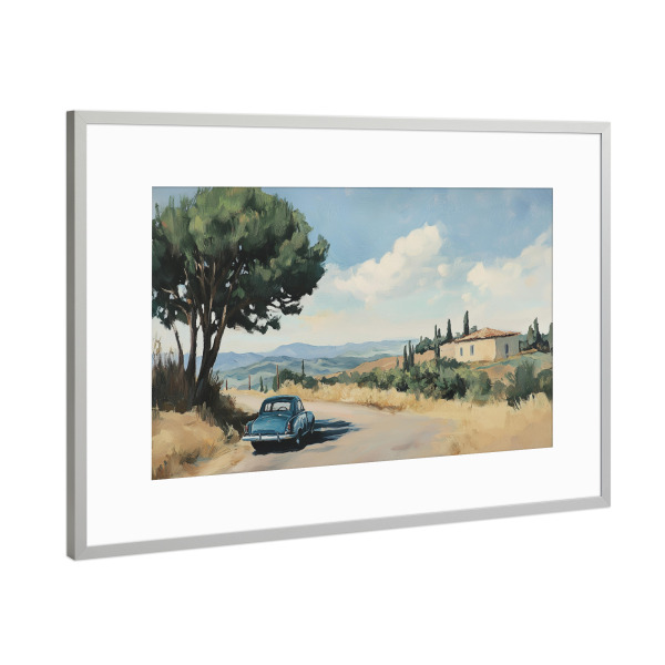 Poster mit Rahmen Silber "Oldtimer-Landstraße" artboxONE - Natur,Reise,Automobile - Landstraßenmalerei,Natur,Auto,Malerei,Straße,öl