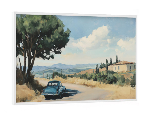 Poster mit weißem Rahmen "Oldtimer-Landstraße" artboxONE - Natur,Reise,Automobile - Landstraßenmalerei,Natur,Auto,Malerei,Straße,öl