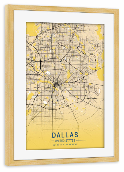 Poster mit Rahmen kiefer "City Karte von Dallas" artboxONE - Städte / Weitere,Kartografie