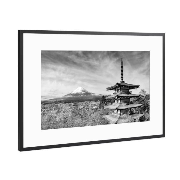 Poster mit Rahmen Schwarz (Metallic) "Monochromer Blick zum Fuji" artboxONE - Natur,Schwarzweiß,Reise / Asien