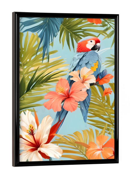 Poster mit schwarzem Rahmen "Tropische Einsamkeit des Aras" artboxONE - Floral,Tiere