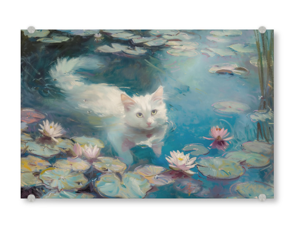 Acrylglasbild "Weiße Katze schwimmt im Teich" artboxONE - Natur,Floral,Tiere - Weiße katze,Teich,Seerosen